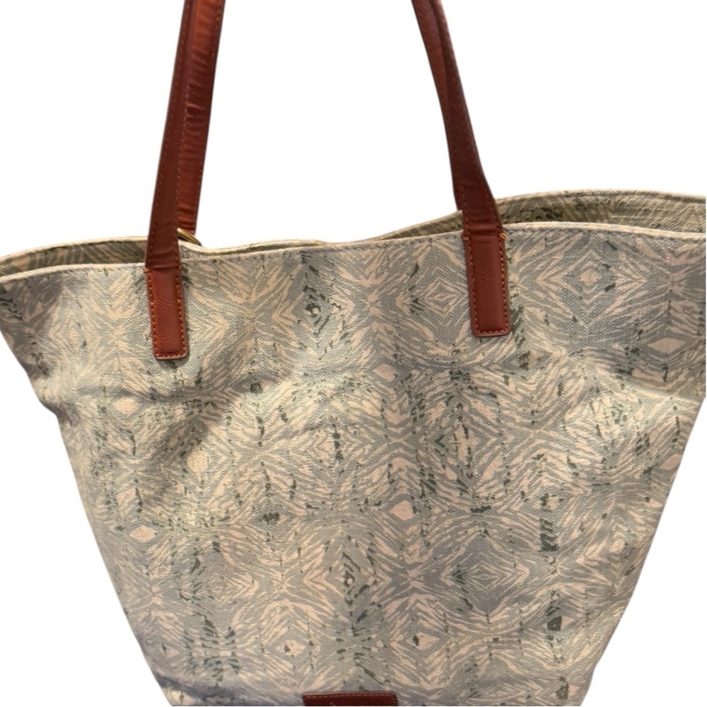 Lucky Brand Canvas Tote Bag Boho Ikat Print Blue Brown Tassel Coastal Cowgirl - Picture 2 of 5